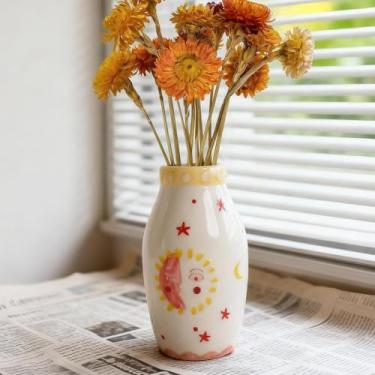 Imagem de Tnstbiee Lindo vaso de cerâmica boho, pequeno creme, sol e lua, vaso decorativo redondo para flores secas/rosa única/grama dos pampas, vaso de mesa moderno para mesa de centro de jantar, presente