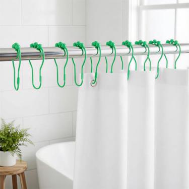 Imagem de 12 anéis de ganchos de cortina de chuveiro, ganchos de chuveiro de metal à prova de ferrugem para varões de banheiro, resistente, design de bola - verde