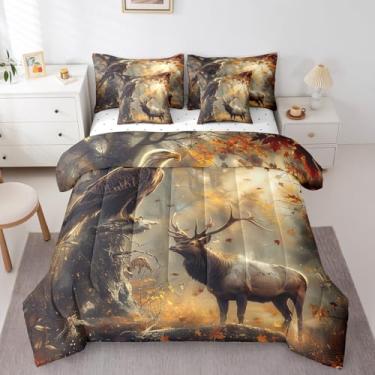 Imagem de Jogo de cama solteiro com 7 peças, águia da selva, outono e folhas de bordo, para meninos e meninas, caça animal, aventura, rústico (edredom + lençol de cima + 2 fronhas + 2 fronhas de travesseiro)