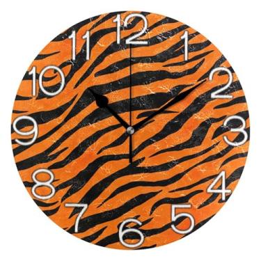 Imagem de Relógio de parede decorativo analógico relógio de cozinha rústico operado a pilha, decoração moderna de meados do século, listra de tigre negrito preto laranja, 25 cm, ponteiros dourados