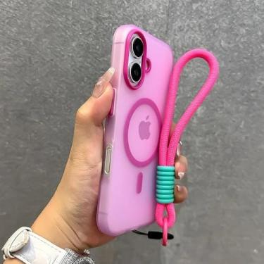 Imagem de Capa com cordão em contraste de cores doces para iPhone 16, 15 Pro Max, 14 Plus, 11, 12, 13 e 16e, alça de pulso, capa macia fosca, rosa, para iPhone 11 Pro Max