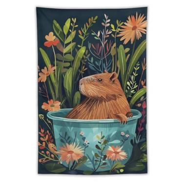 Imagem de Capivara tapeçaria de parede floral selva na banheira decoração de animais peculiares arte da natureza fofa para banheiro quarto aconchegante boho pendurado destaque encantador tapeçaria 101 x 152 cm