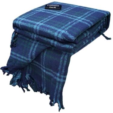 Imagem de Manta Xadrez Casal Ou Sofá 6 Lugares Cashmere em malha francesa 1.90m x 2.20m (Verde e Azul)