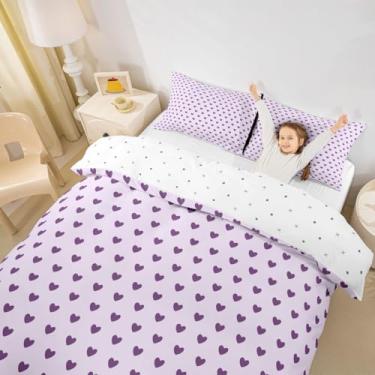 Imagem de Manfei Lovely Hearts Conjunto de capa de edredom infantil, tamanho Queen, conjunto de cama de desenho animado kawaii, dia dos namorados, decoração de quarto de meninas, meninos, roxo, 2 fronhas (sem