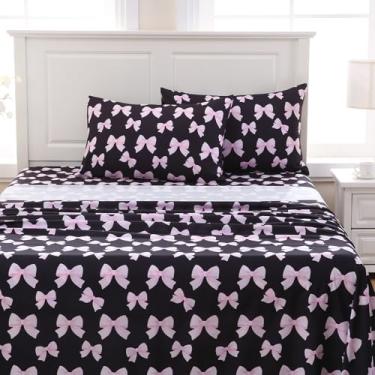 Imagem de MICORAL Conjunto de lençóis King Size com laço rosa preto, 4 peças, bolso profundo de 40,64 cm, lençol ultramacio e refrescante, certificado Oeko-Tex, laço rosa preto