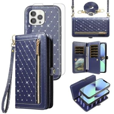 Imagem de Capa de celular para iPhone 13 Pro 6,1 polegadas carteira magnética destacável com protetor de tela alça transversal cordão glitter iPhone13Pro 5G i i-Phone i13 iPhone13 13Pro feminino azul escuro