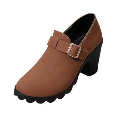 Imagem de Botas femininas modernas estilo britânico casual fivela de metal bolo esponja salto grosso tubo curto plus size botas de salto alto para outono inverno lazer ao ar livre, Marrom, 36