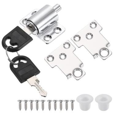 Imagem de PATIKIL Fechadura de janela de porta deslizante, fechadura com chave de empurrar, fechaduras de porta de pátio, sem necessidade de perfuração para janelas deslizantes horizontais, prata