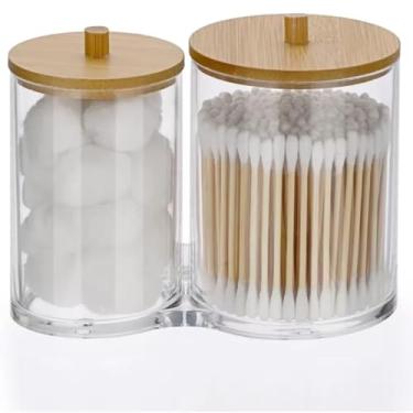Imagem de Organizador Duplo para Cotonetes e Algodões em Plástico com Tampa de Bambu Ideal para Banheiro e Penteadeira Design Moderno Higiênico Durável Perfeito para Organização Diário