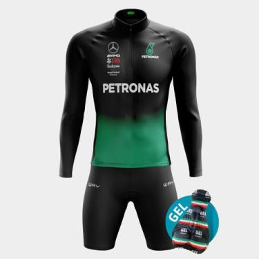 Imagem de Conjunto de Ciclismo Masculino - Camisa Petronas Preta Manga Longa e B