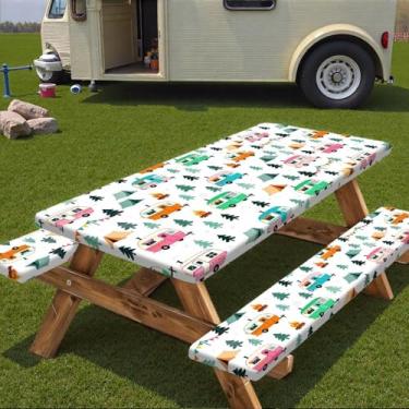 Imagem de Capa de mesa de piquenique para acampamento com bordas elásticas, à prova d'água, à prova de vento, para uso ao ar livre, com bolsa de cordão, capa retangular para mesas e assentos, 76 x 182 cm