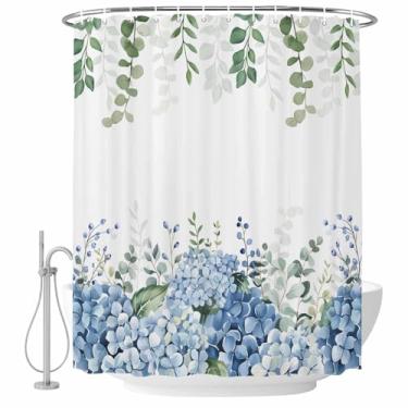 Imagem de Cortina de chuveiro azul hortênsia verde folhas de eucalipto conjunto de cortinas de chuveiro tecido impermeável cortina de banho para banheiro decoração de banheira acessórios de casa 182 x 182 cm