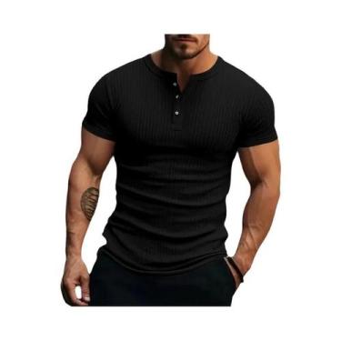 Imagem de Camiseta Masculina Estilosa De Malha Listrada Com Gola Henley, Macia, 