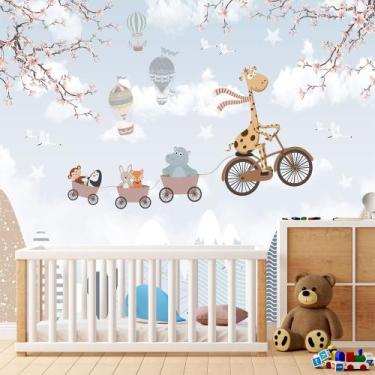 Imagem de Papel de Parede Foto Mural Infantil Zoo Girafa em Bicicleta e Balões p