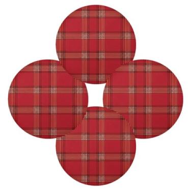 Imagem de Wassud Jogo americano conjunto de 4 tapetes de mesa redondos com padrão xadrez vermelho para cozinha e jantar tapetes laváveis resistentes ao calor decoração de mesa 39 cm