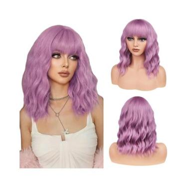 Imagem de Peruca Curta Ondulada Roxa Com Franja Para Mulheres, Sintética, Com Ap