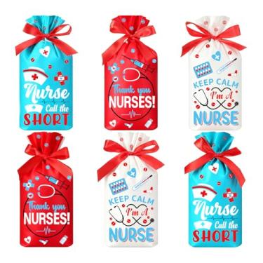Imagem de Whaline 100 unidades de sacos de celofane do dia dos enfermeiros com fita sacos de plástico para petiscos, vermelho, azul, branco, agradecimento, enfermeira, doces, guloseimas, para profissionais de