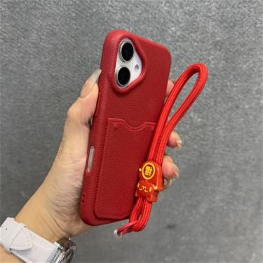 Imagem de Capa protetora estilo carteira com compartimento para cartão, alça de pulso e cordão para iPhone 16/15/14/13/12/11 Pro Max, vermelha, para iPhone 11 Pro