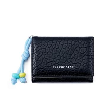 Imagem de Bolsa de moedas portátil adorável couro PU bonito bolsas de três dobras estilo coreano bolsa de dinheiro cor doce carteira feminina (preto)