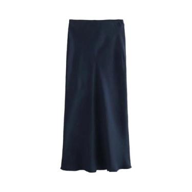 Imagem de Saia Midi De Cetim De Cintura Alta Para Mulheres, Casual, Estilo De Ru