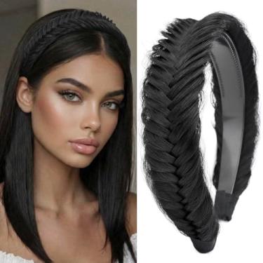 Imagem de DIGUAN Faixa de cabeça trançada trançada larga Fishtail com dentes de cabelo sintético trançado peruca grossa para meninas e mulheres (preto natural, largo)
