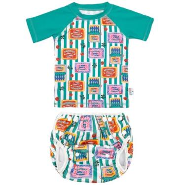 Imagem de ALVABABY Roupa de banho para bebês, roupa de banho infantil de manga curta, fralda reutilizável para bebês com blusa combinando para meninos e meninas, Peixe e ciano, 1-3 Anos