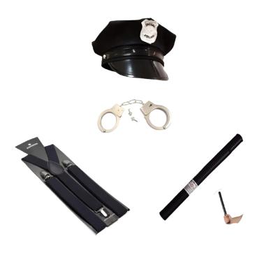 Imagem de Fantasia de Policial C/ Quepe Preto Algema de Metal com Chave Suspensório e Cassetete - 4 Pçs