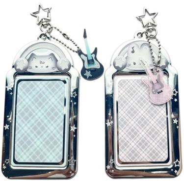 Imagem de 2 porta-cartões de foto de gato musical com pingente de guitarra - capa protetora transparente para identidade, crachá, cartão de ônibus e mais