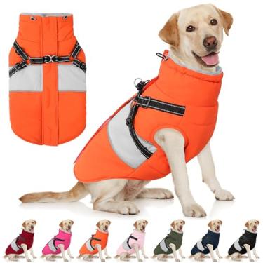 Imagem de AOFITEE Casaco de inverno para cães, casaco de cachorro com arnês embutido, jaqueta para cães grandes, jaqueta acolchoada refletiva impermeável para animais de estimação, roupa de neve, suéter quente