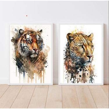 Imagem de Kit 2 Quadros Onça e Tigre Aquarela 33x24cm - Com Vidro