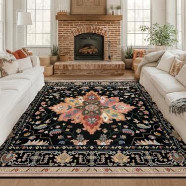 Imagem de RELEANY Tapete quadrado quadrado de 2,4 m, lavável, antiderrapante, floral, vintage, estampado, medalhão, para sala de estar, quarto, sala de jantar, preto, colorido, floral, castanho-escuro