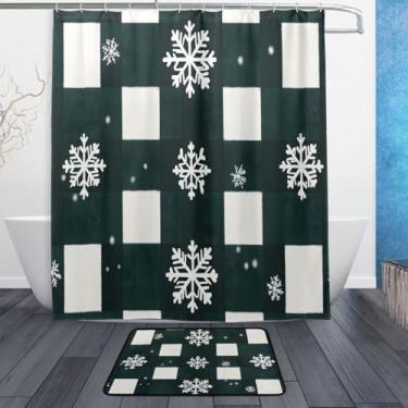 Imagem de xigua Conjuntos de tapetes de cortina de banho verde-oliva quadriculados flocos de neve 2 peças, conjunto temático de banheiro (152 x 182 cm) com cortina de chuveiro e tapete antiderrapante -12