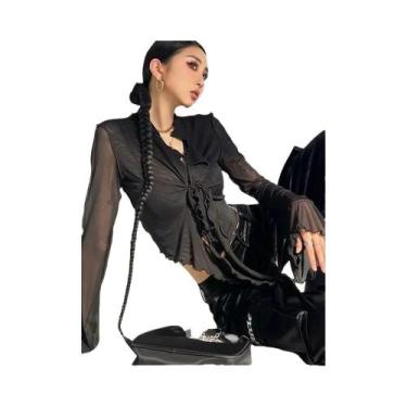 Imagem de Blusa Feminina De Manga Longa Com Renda E Detalhes Em Tela, Estilo Cor