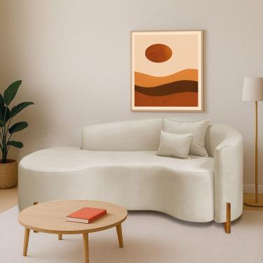 Imagem de Divã Recamier Curvo Sala De Estar Recepção Inglaterra 200cm Pés Madeira Lado Esquerdo Linho Bege