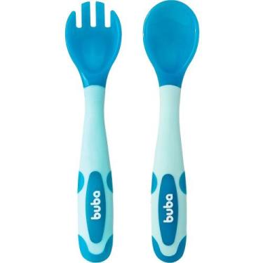 Imagem de Kit talher flexível e termossensível colher garfo bebê buba - azul