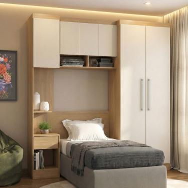 Imagem de Guarda Roupas Solteiro Modulado Com Painel e Cabeceira Selene Menu Móveis Carvalho