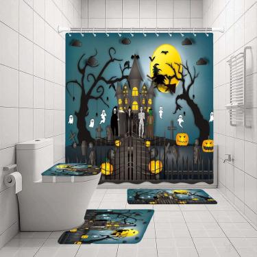 Imagem de Conjunto de cortinas de chuveiro de Halloween com tapete, tampa de vaso sanitário e cortina de chuveiro