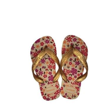 Imagem de Chinelo Havaianas Infantil Meninas Estampas Kids Flores, Bege, Dourado
