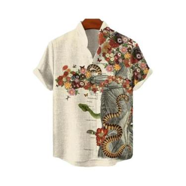 Imagem de Camisa Masculina De Linho Com Estampa Artística Florestal, Manga Curta
