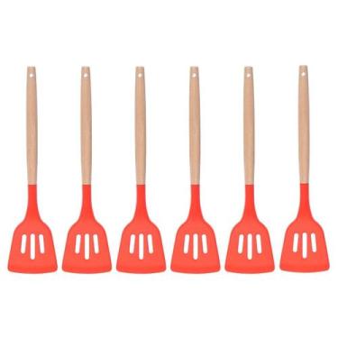 Imagem de Espatula Vazada Vermelho Silicone Cabo Bambu - 6un - UNIVENDAS
