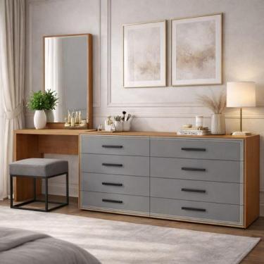 Imagem de Cômoda e Penteadeira de Luxo com Espelho 210cm 8 Gavetas Valência Poli