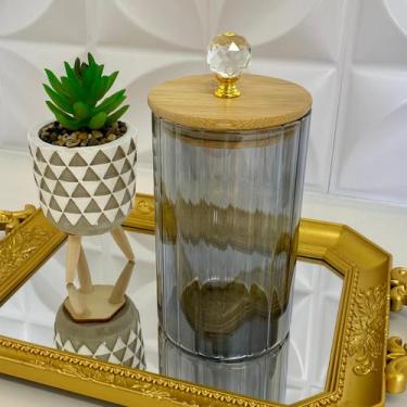 Imagem de Pote Hermético de Vidro Fumê canelado 750ml com tampa de Bambu e Puxad