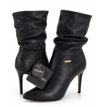 Imagem de Bota Bottero Feminina couro Salto Fino CanoDetalhe Franzido, Preto, 37