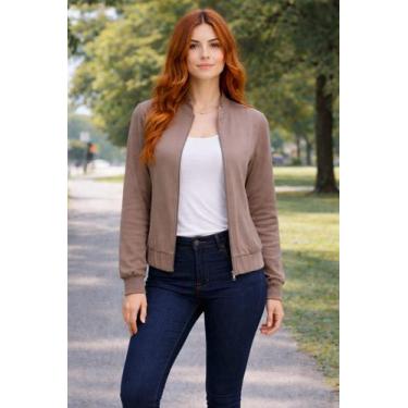 Imagem de Jaqueta Feminina Bomber Com Zíper Em Moletom LUNENDER 69362, Marrom, M