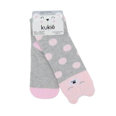 Imagem de Meia Infantil Feminina Kukiê Cano Longo Ursinha Rosa 681382, Cinza, 25