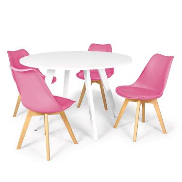 Imagem de Conjunto Mesa de Jantar Redonda Amanda Branca 120cm com 4 Cadeiras Eiffel Leda - Rosa