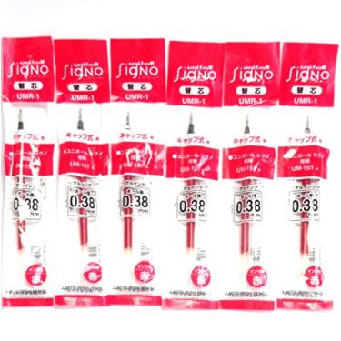 Imagem de Uni-Ball Signo Refil de caneta de gel de ponta extrafina, tinta vermelha, 0,38 mm, conjunto de 6 (importação japonesa) [pacote original Komainu-Dou]