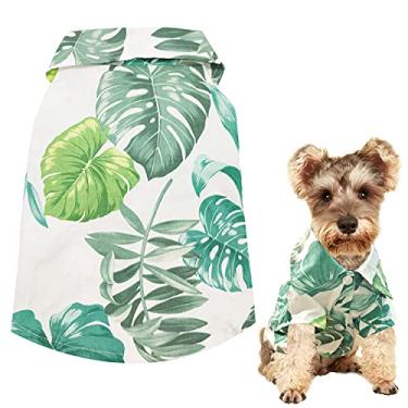 Imagem de LKEX Camisa de cachorro havaiana para filhotes, colete de lapela estampado com folhas, camiseta polo de verão, roupas para animais de estimação, roupas para cães pequenos, médios, gatos, trajes legais para cachorros, fantasias GG