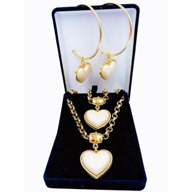 Imagem de Kit Colar + Pulseira + Argolas Coração Creme Elo Português Grosso 6mm