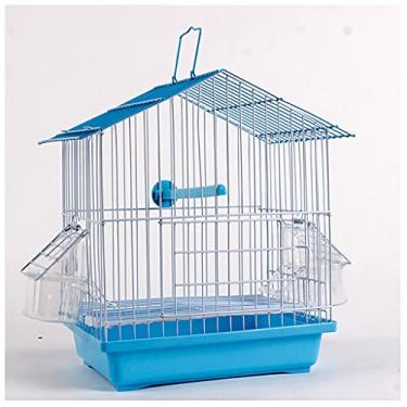Imagem de KIZQYN Gaiola de telhado de gaiolas, gaiola de pássaros com caixa de alimentação, gaiola de pássaro de metal, gaiola de banho ornamental para pássaros canários pequenos (cor: azul)